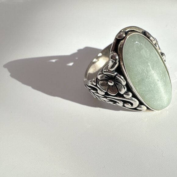 VTG Sterling Silver 925 Jade Bezel Set Scroll Shoulders Statement Ring Size 10 - Picture 8 of 10